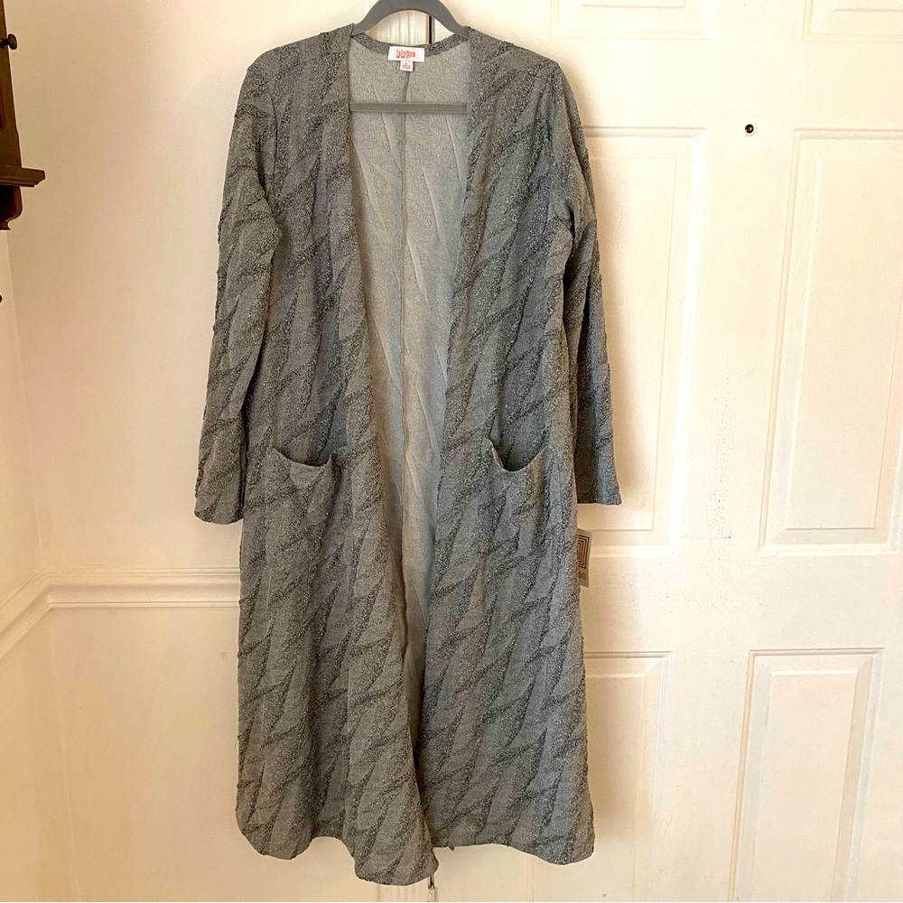 Lularoe Sarah Duster Open Cardigan Metalic Textured Long Sleeve Sz Large Holiday